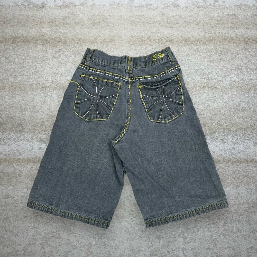 Vintage Y2K Skater Jean Shorts 24x11 Grey Wash Yellow Old Skool Denim Rap Style